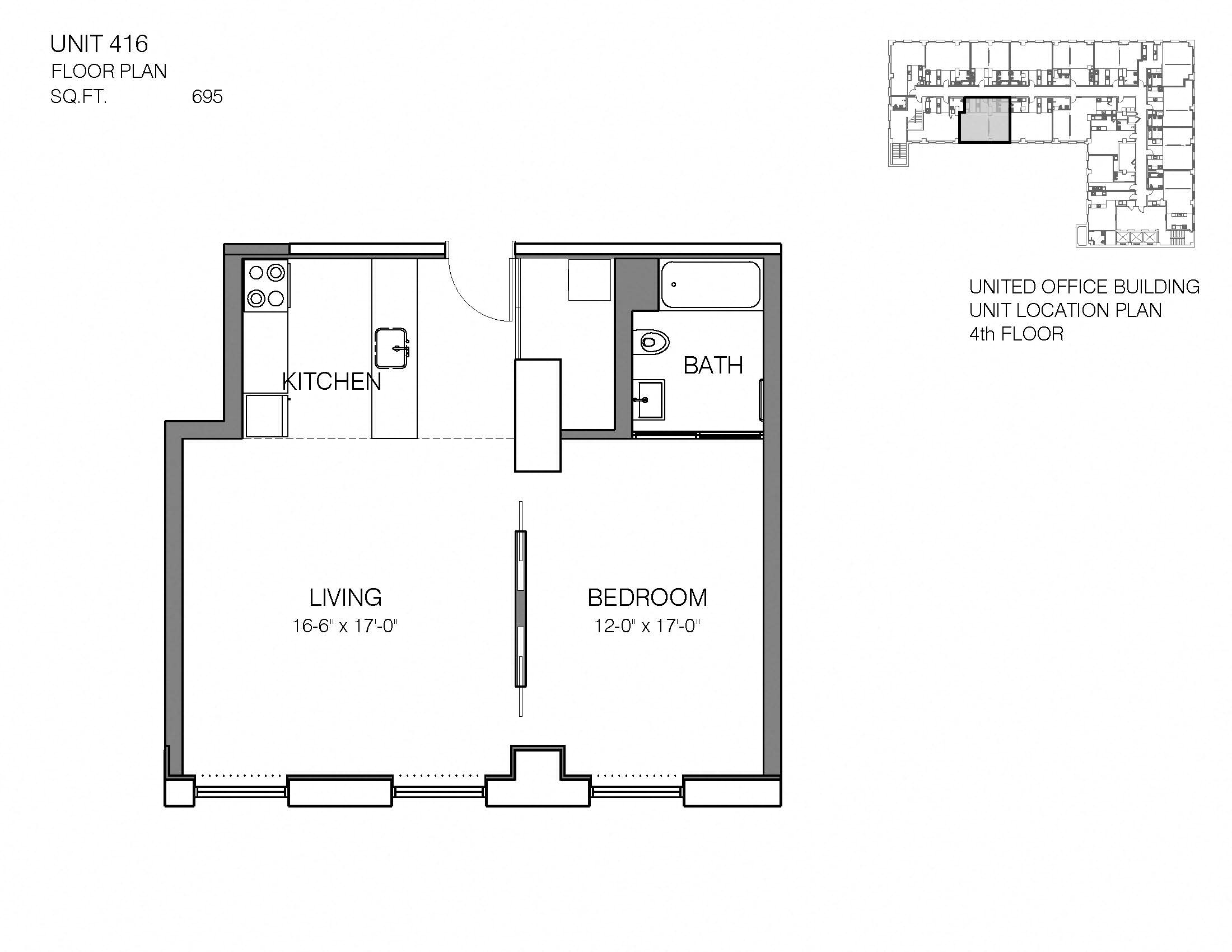 Floor plan for 1 bed, 1 bath, 695 sqft